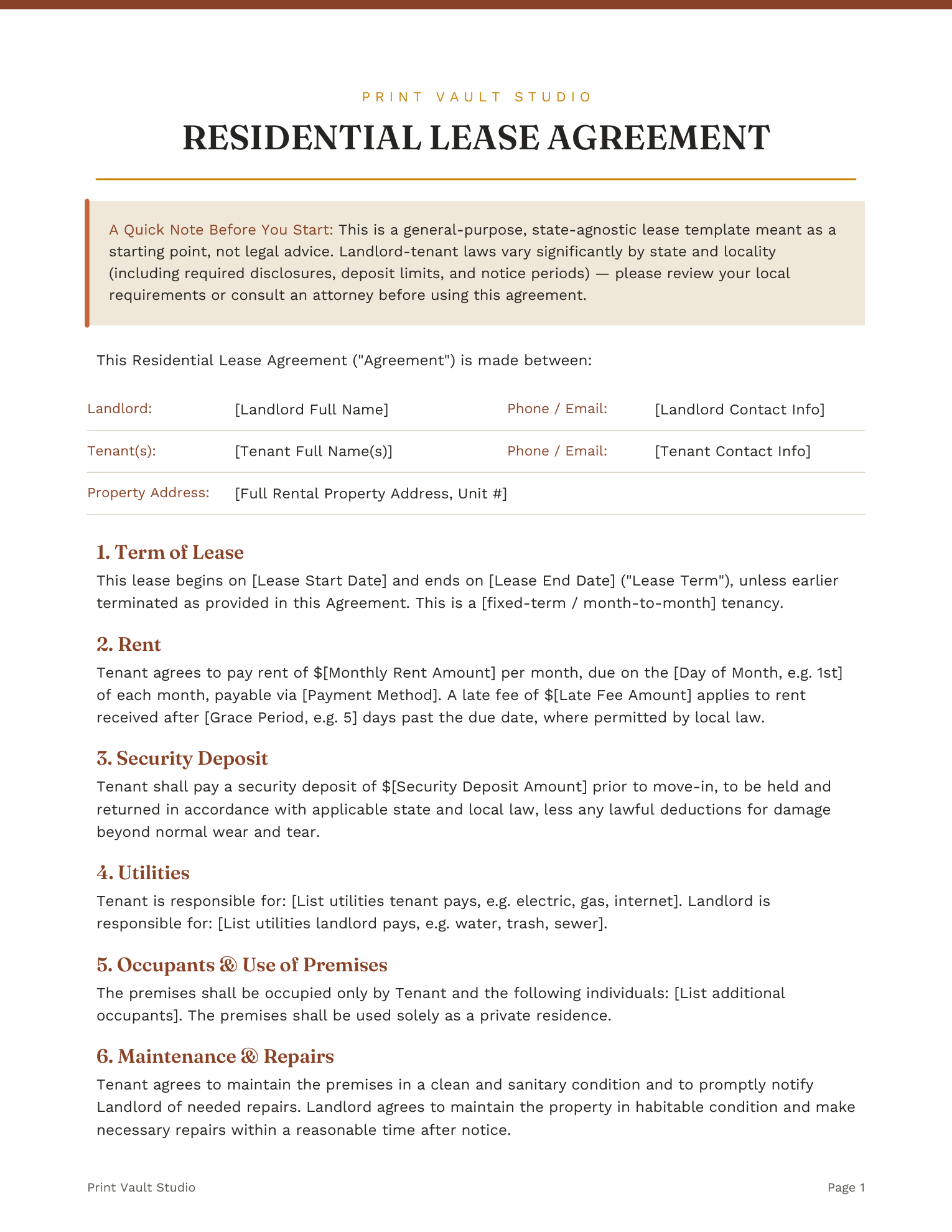 Editable Residential Lease Agreement