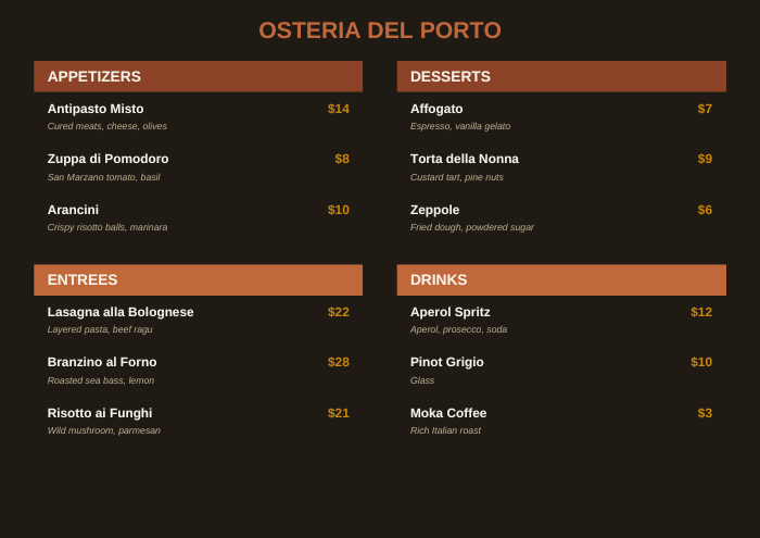 Italian Bistro Restaurant Menu Template — Style 2